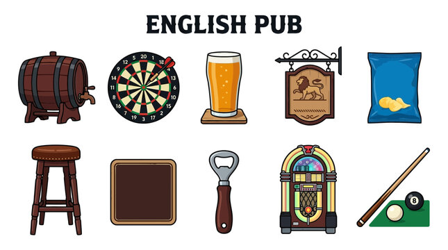 Collection of English Pub Icons and Elements.