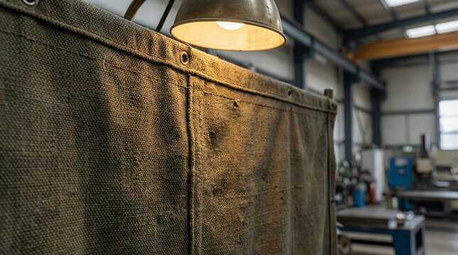 Industrial welding curtain illuminated by overhead lamp in workshop  