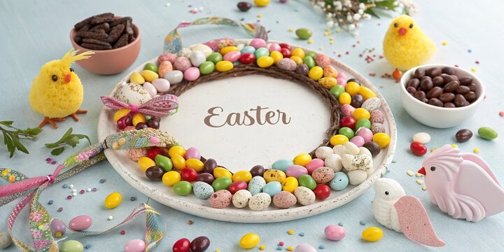 Colorful Easter candy wreath decorated for spring festivities with space for text