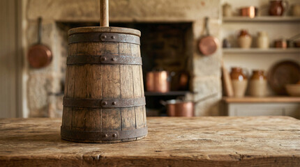 Naklejka premium Wooden butter churn and paddle on rustic wooden table in kitchen 