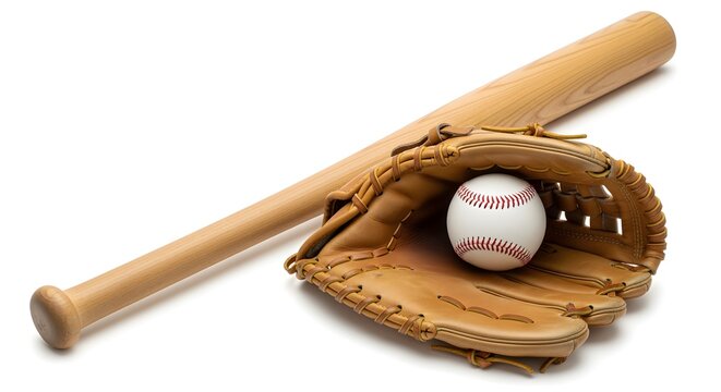 Baseball bat, glove, and ball isolated on white background, realistic and clean composition, minimum shadows.