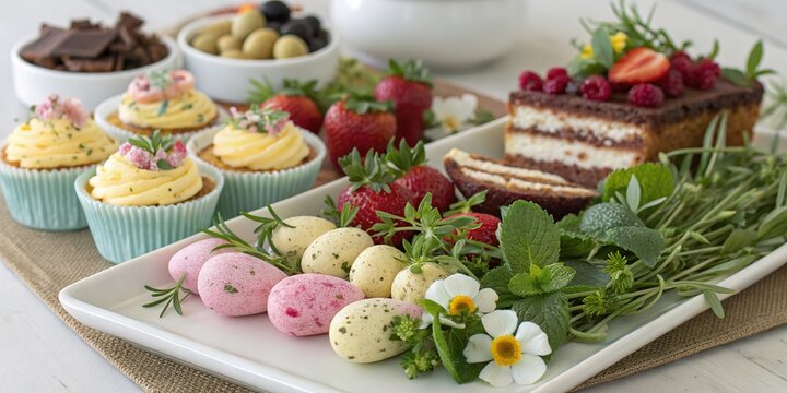 Easter dessert platter featuring fresh herbs, colorful treats, and a festive atmosphere