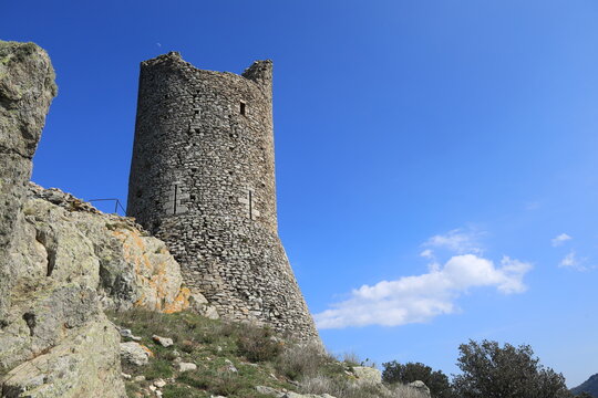 Tour de la Massane, a restored 13th-century watchtower in the Alb&egrave;res massif near Argeles in Pyr&eacute;n&eacute;es-Orientales department, France 