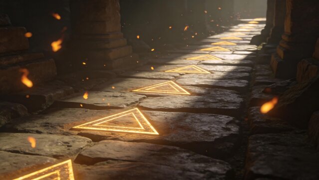 Stone path with glowing triangles and floating embers