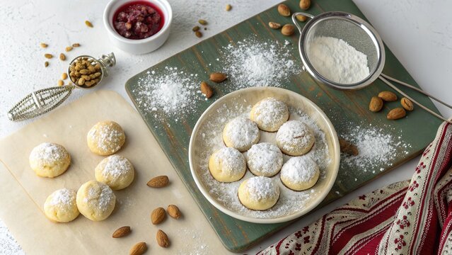 Egyptian kahk cookies dusted with powdered sugar served with jam and almonds on a wooden board