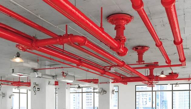 Bright red sprinkler pipes and sprinkler heads installed on a ceiling. Fire suppression system ensures safety, protection against potential fire hazards in building, indoor infrastructure.