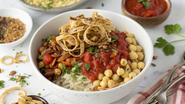 Egyptian koshari dish layered with rice, lentils, and sauce served in a bowl with toppings and garnishes