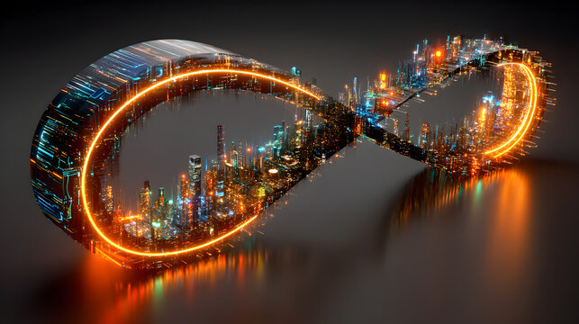 DevOps in a futuristic digital style. The infinity sign as a symbol of the software development life cycle. Isometric vector illustration with light effect and neon.