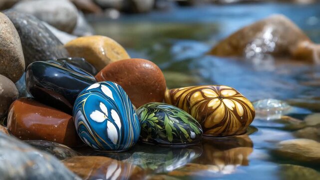 Close-up of multiple polished pebbles with intricate geological patterns resting along a sunny mountain riverbank, clear water gently flowing around some stones, bright reflections