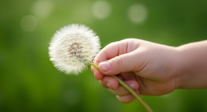 Childs Hand Holding a Dandelion Seed Head