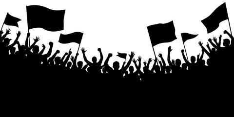 Dynamic black crowd silhouette of football supporters cheering and waving flags. Illustration captures stadium energy and public celebration spirit. Vector illustration © Liliya
