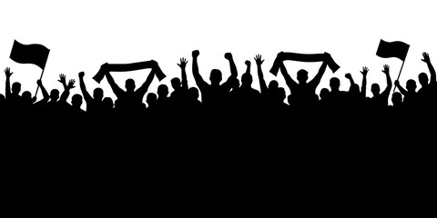 Fototapeta na wymiar Black silhouette of a large crowd of sport fans cheering with scarves and flags. This illustration represents stadium atmosphere and victory celebration. Vector illustration