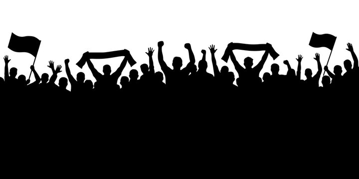 Black silhouette of a large crowd of sport fans cheering with scarves and flags. This illustration represents stadium atmosphere and victory celebration. Vector illustration