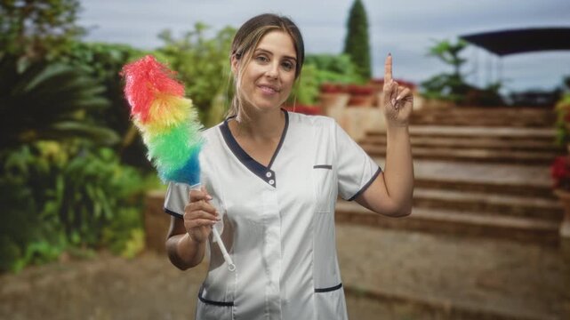 Woman cleaner holding rainbow feather duster and pointing finger up beside building steps in a courtyard, smiling and poised; cheerful service.