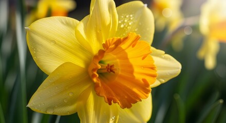 Obraz premium Close up of a bright yellow daffodil bloom with orange trumpet