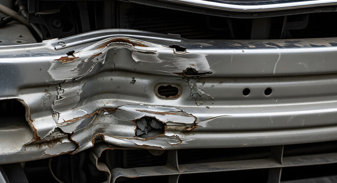 Closeup of severely damaged and rusted car bumper with holes and scratches transparent background