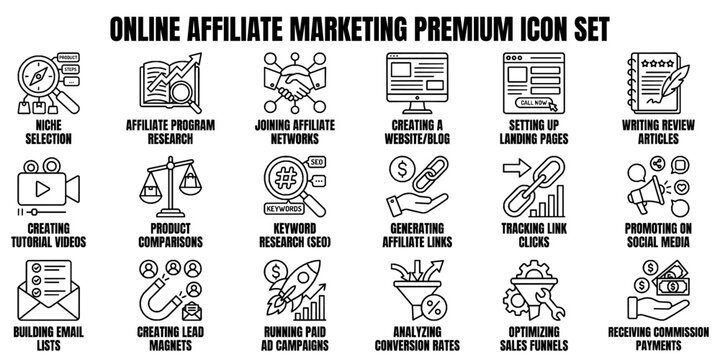 Affiliate marketing and digital referral program line art icon set