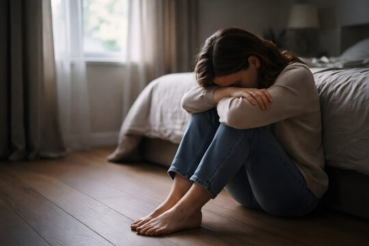 Sad woman sitting on floor in bedroom feeling depressed and alone