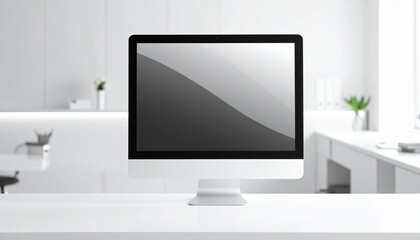 Fototapeta premium Modern minimalist workspace with desktop computer on white desk, large monitor displaying abstract geometric gray and white triangular design, clean organized aesthetic.