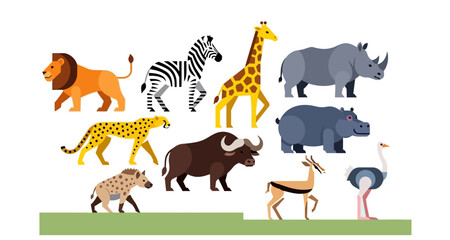 Obraz premium A colorful illustration depicts a variety of african savanna animals together