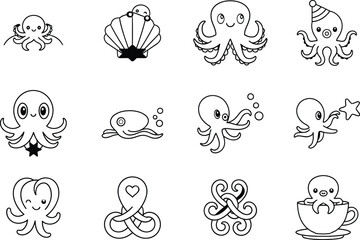 Collection of charming black and white octopus illustrations in various poses © Tisa