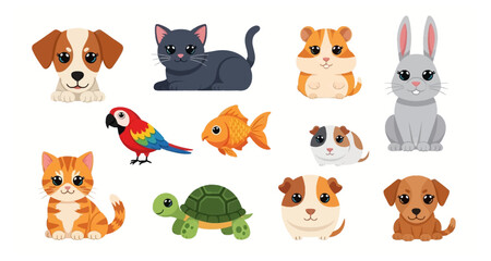 Fototapeta premium A colorful collection of cartoon animals including pets birds and reptiles
