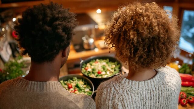 Faceless couple stirring a simmering pot and tossing a salad side by side, seen from behind, wide bright kitchen with modern appliances, sunlight highlighting wooden countertops an