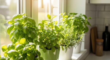 Fototapeta premium Fresh Potted Herbs Growing on a Sunny Windowsill