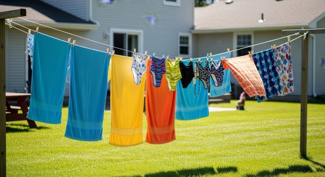 Colorful Laundry and Swimwear Drying on a Clothesline Outdoors