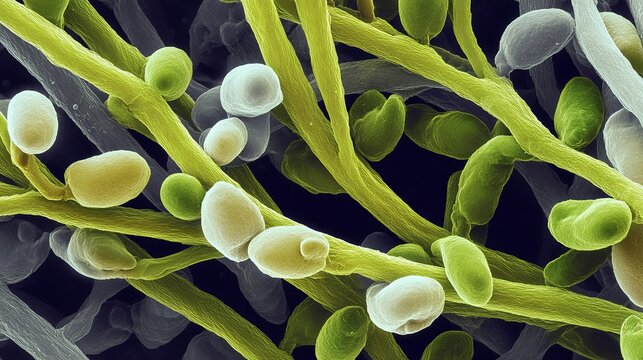 Roots of broad beans appear under the microscope.