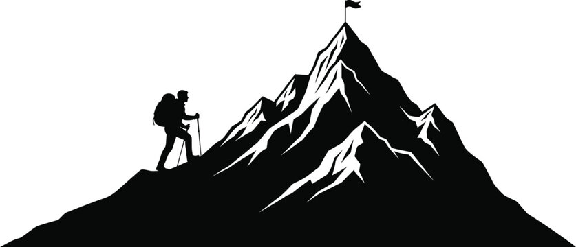 Determined hiker ascending a rugged mountain peak with a backpack and trekking poles