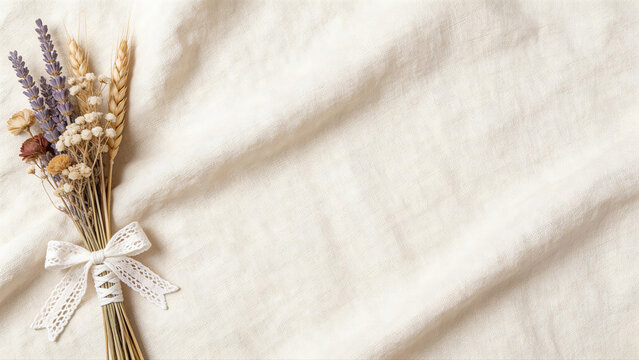 Dried Floral Bouquet with Lace Ribbon on Soft Linen Fabric Texture