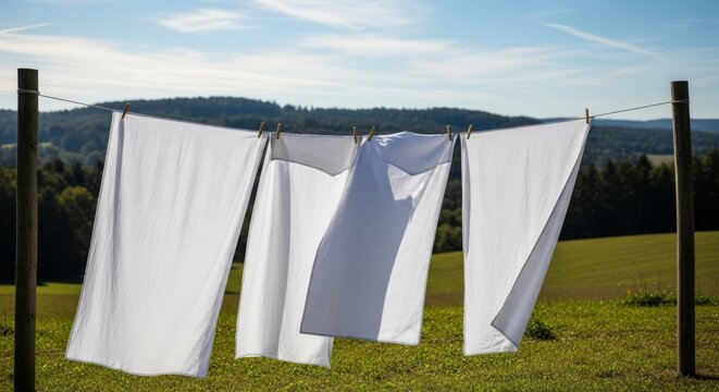 Fresh white linen sheets drying on clothesline outdoors