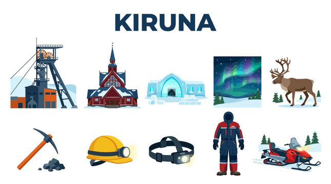 Kiruna Sweden Icons Set Mining Northern Lights Reindeer Snowmobile.