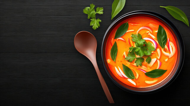 A flavorful bowl of Thai tom yum soup, garnished with fresh herbs and red onions, sits on a dark wood table alongside a wooden spoon, inviting a delicious meal.