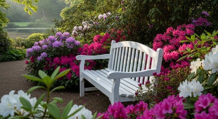 Obraz premium Elegant White Garden Bench Amidst Blooming Flowers
