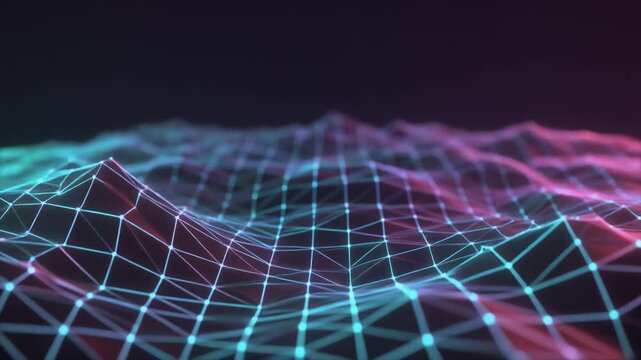 Digital grid waves animation featuring glowing blue and purple mesh nodes moving rhythmically across a dark background in this seamless abstract tech video