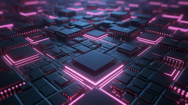Advanced processor chip circuitry with glowing pink data streams pulsing through complex electronic pathways in this high quality seamless digital computer animation motion footage