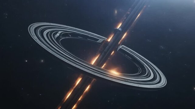 Massive futuristic space station with concentric rings orbiting in deep cosmic space, implying advanced interstellar travel and scientific exploration animation.