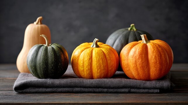 Assortment of colorful winter squash varieties arranged on a dark surface