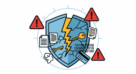 Cybersecurity Data Breach Illustration with Broken Shield, Warning Icons, and Data Leak Symbols © Fefey