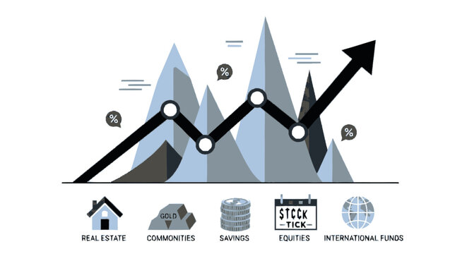 Investment Portfolio Diversification Concept with Upward Growth Graph and Asset Icons for Real Estate, Gold, Savings, Stocks, and International Funds