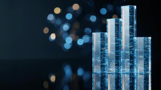 Glass bar chart columns illuminated with glowing digital network particles representing business growth and financial data analytics in this high quality motion video footage