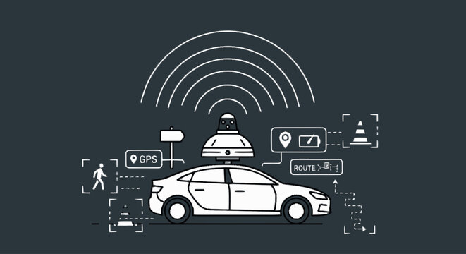 Autonomous Self-Driving Car Concept with Sensors, Radar, and Navigation Symbols in Minimalist Line Art Style