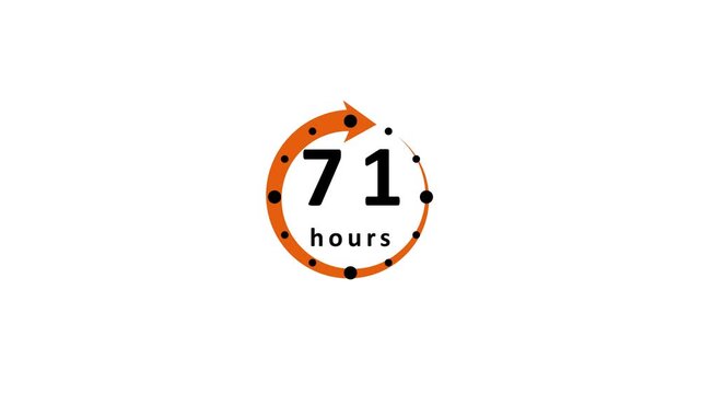 With an orange circular arrow and black dots, displaying the number 71 and the word hours on a white background representing a time limit or duration
