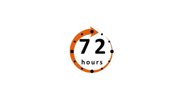 Orange circular arrow with black dots showing the number 72 and the word hours on a white background symbolizing a time period or countdown