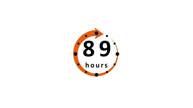 Orange circular arrow with black dots and the number eighty nine hours in black text on a white background symbolizing a time duration or project timeline