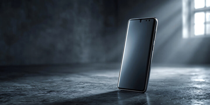 Smartphone on a dark floor with dramatic window light and soft shadows, creating a moody minimalist technology scene.