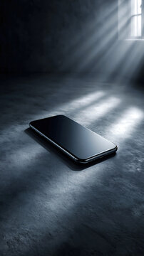 Smartphone on a dark floor with dramatic window light and soft shadows, creating a moody minimalist technology scene.