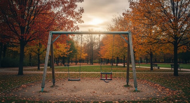Empty Swing Set in Autumn Park